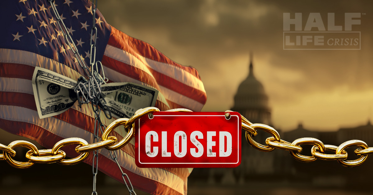 Gold chain closed sign us money in chains US Flag and blurred Capitol in gold gloomy bakground
