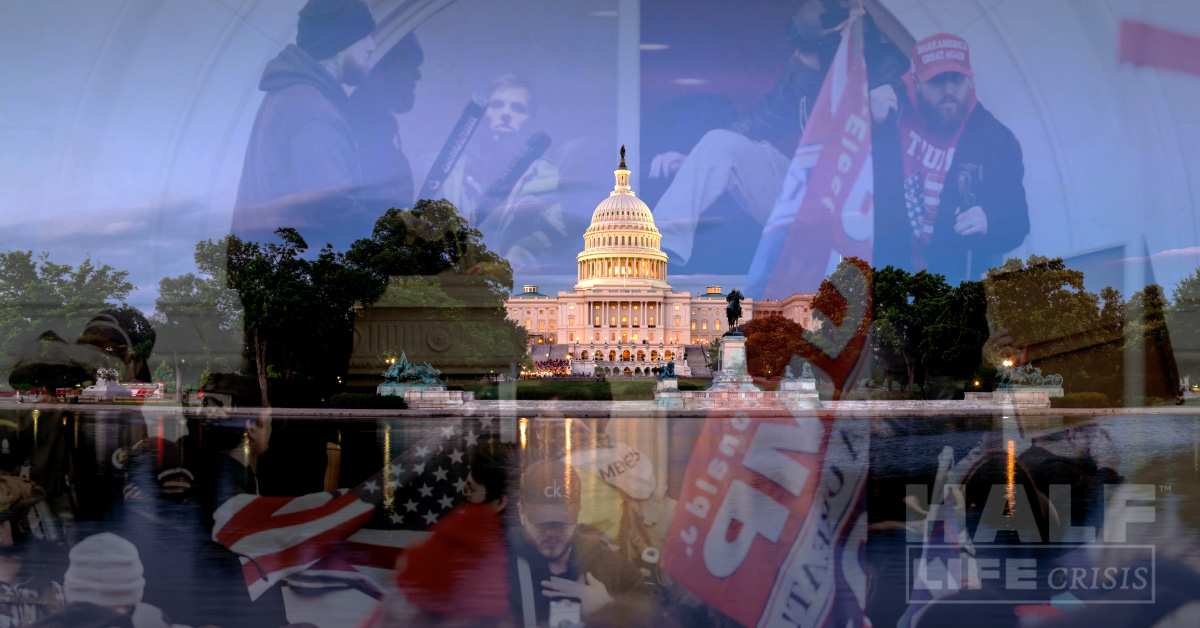 Forensic timeline contrasting 2021 footage of Trump supporters breaching the U.S. Capitol through a shattered window with the 2026 White House rebranding of the event as a 'peaceful patriotic march.'