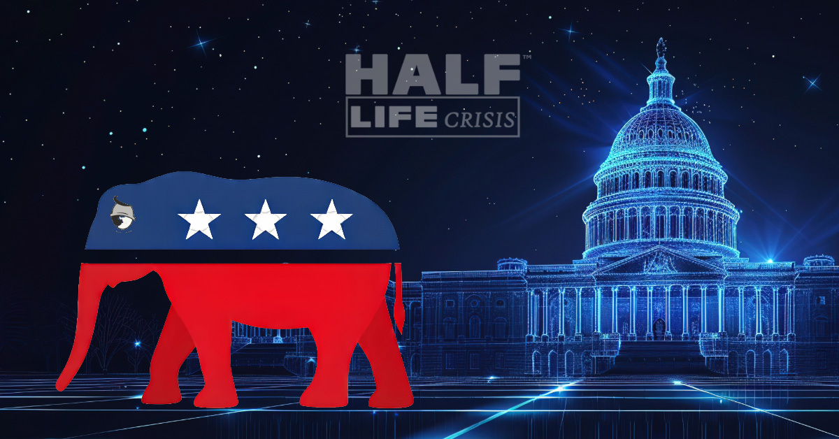 Digital illustration of a somber red Republican elephant with a blue top and white stars, shedding a tear beside a glowing blue Capitol dome. The background is dark and cosmic, with the ‘HALF LIFE CRISIS’ logo above — evoking light over political decay, existential reckoning, and a fractured GOP identity